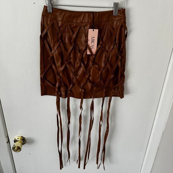 Micas Brown Faux Leather Fringe Mini Skirt Boho Festival Party Wear M - Picture 6 of 10